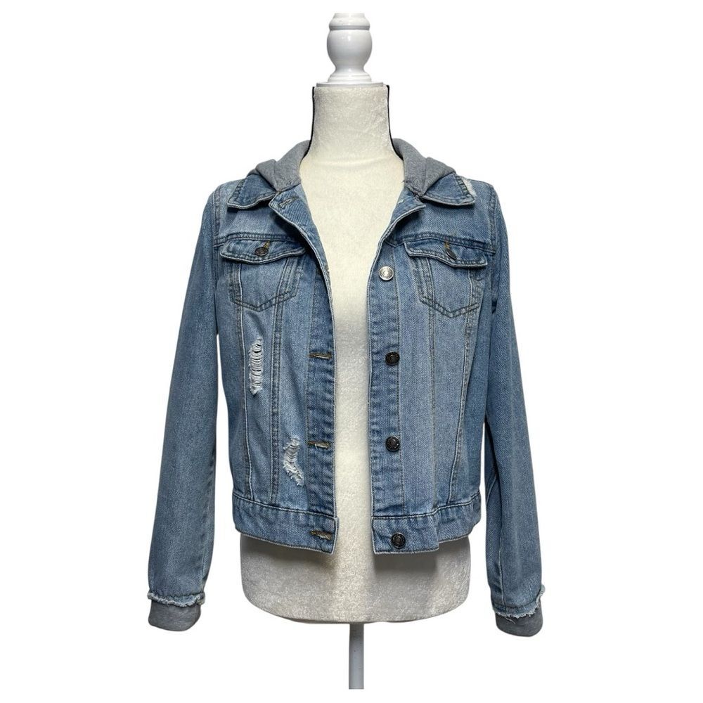 Ci Sono Light Blue Denim Jacket with Gray Hood Size Small